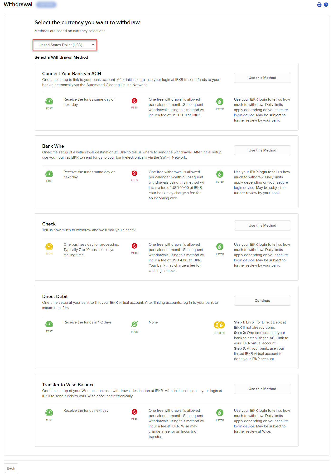 Image of the select currency withdrawal panel in Portal. 